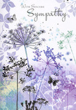 This sympathy card reads like a soft-spoken poem in paint, the sort of gentle scene that would feel at home in a quiet corner of Yeading's green spaces. Airy silhouettes of wild, umbelliferous flowers stretch upwards, their finely drawn stems and clustered blossoms rendered in layered tones of lavender, dusky indigo, and misty blue. There is a sense of transparency in the petals and seed heads, as if the artist touched them lightly with watercolour and then allowed the pigment to flow and fade. Behind them, a dreamy wash of muted purple and cool grey-green drifts across the card, suggesting a meadow at dusk when colours blur and soften into one another. Subtle hints of foliage float in the background like faint memories, never fully in focus yet undeniably present. Butterflies, delicately outlined and shaded with the palest lilac and blue, hover near the blossoms in quiet companionship, hinting at transformation, presence, and the continuity of love beyond loss. The overall light is subdued but kind, like late evening outside homes along Yeading Lane, where curtains are drawn and voices drop to a comforting hush. The mood is one of deep respect and tenderness, ideal for accompanying sympathy flowers sent to a grieving family. Every line and shade works together to create a respectful embrace - not ostentatious, but thoughtful and sincere - a design that helps carry the weight of unspoken feelings when words alone do not seem enough.